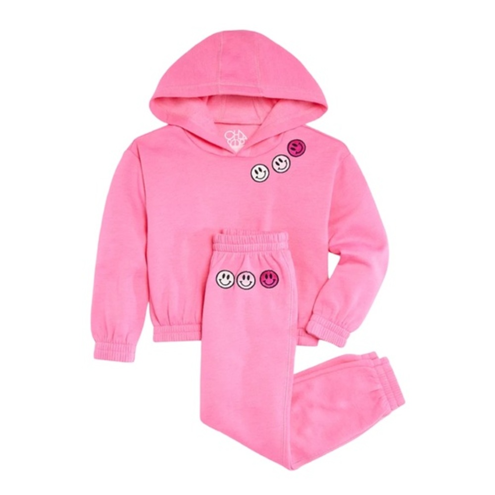 CHASER GIRLS EMBROIDERED SMILEY FACES FLEECE PULLOVER & PANTS